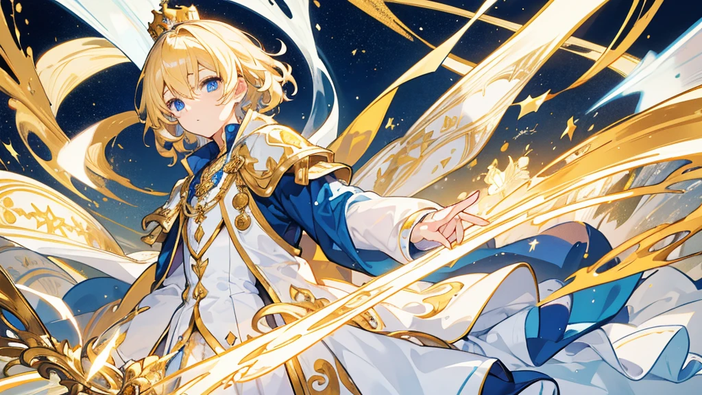 (Highest quality)　(4K)　(8k)　(High resolution)　(masterpiece:1.2)　(Super detailed)　One boy　short hair　Wizard　Blue Eyes　Long sleeve　Golden decoration　Hair between the eyes　White Dress　Wavy golden hair　Upper Body　crown　(White Background)　cute　Young　Serious