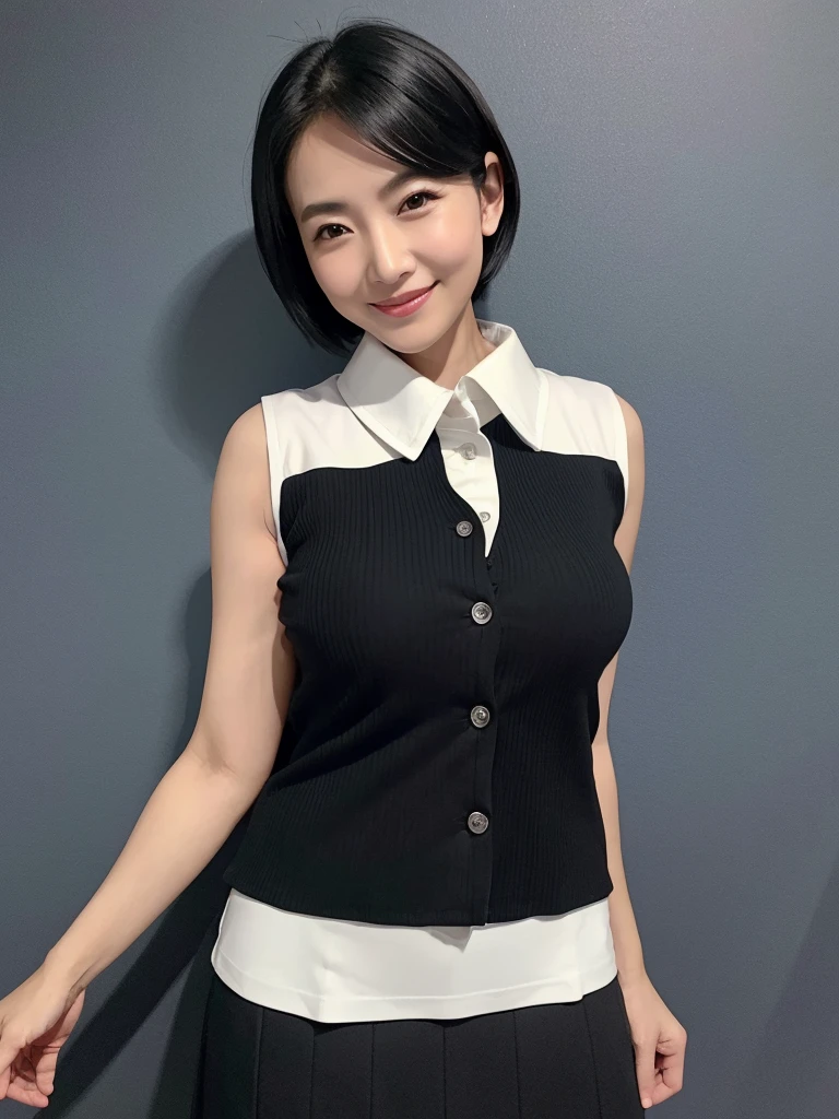 Highest quality、masterpiece、8k、Very detailed、Realistic、Looking at me with a smile、whole body、Black Hair、Short Hair、Small face、Slender、Big Breasts、Thin and beautiful legs、narrow and constricted waist,、A tight sleeveless dress with buttons and a collar、All buttons on the shirt are closed