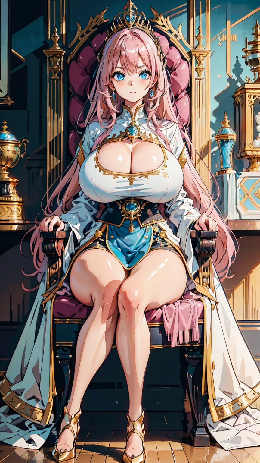 1 confident woman with floor-length pink hair, huge and big breasts, futuristic royal costume in white with black and gold details, tall woman, blue detailed eyes, sitting on a large golden throne, Serious and confident look
