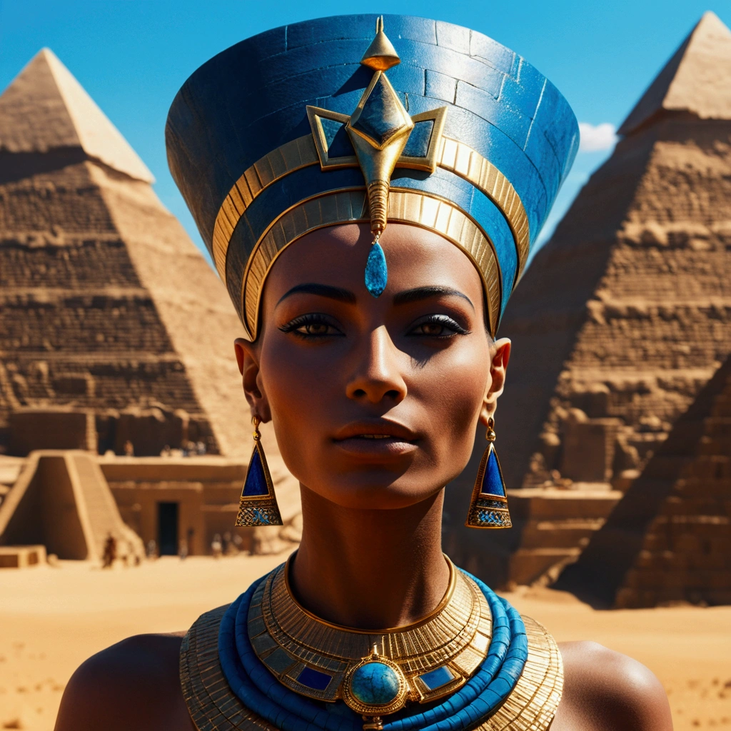 Nefertiti, queen of Ancient Egypt, woman with black skin, lots of jewelry, with a blue crown, in the background pyramids make up the landscape of ancient Egypt, the sun illuminating and giving life, surreal 8K, perfect art, super detailed, best quality, art award-winning, official art, cinematic lighting