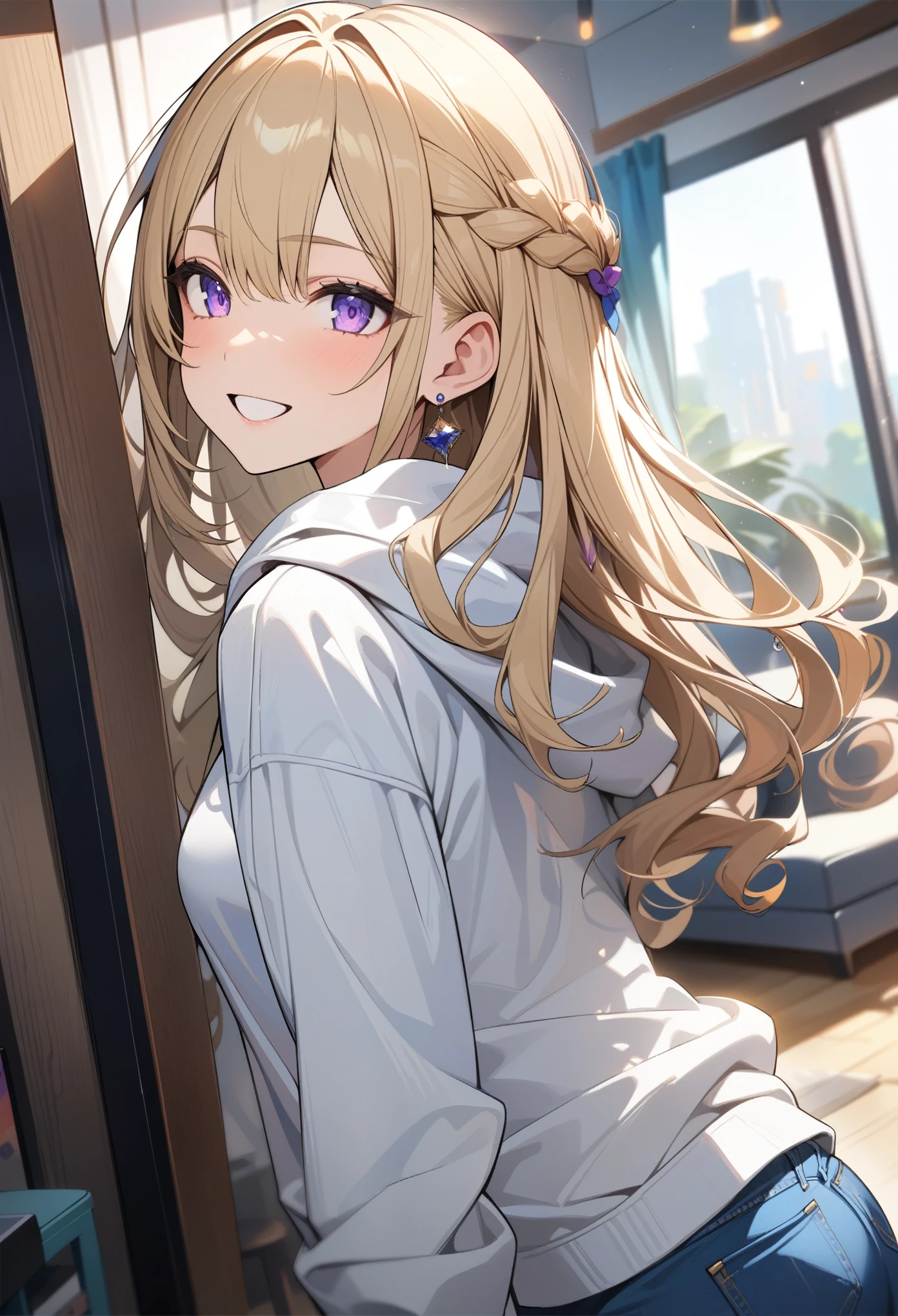 masterpiece, best quality, extremely detailed, ultra detailed, flat anime, 2D,
1girl, (young adult:1.2),blonde hair, (semi-long hair:1.2), curly hair, french braid, medium breasts, purple eyes, tsurime, height 1.7meters,
white hooded sweatshirt, jeans, earring,bracelet, long sleeves,socks,
open mouth,grin,
upper body, portrait, (dynamic:1.2),
summer, livingroom, 12AM., standing