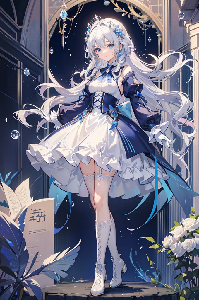 A woman with white hair and blue eyes、adult、Long, fluffy wavy hair、Braiding、Wearing hair ornaments、Smiling、Princess、White gloves、Blue lace dress、ribbon、Decorations such as roses and drops、The dress is short in the front and long in the back、Garter Ring、short boots、Fantasy