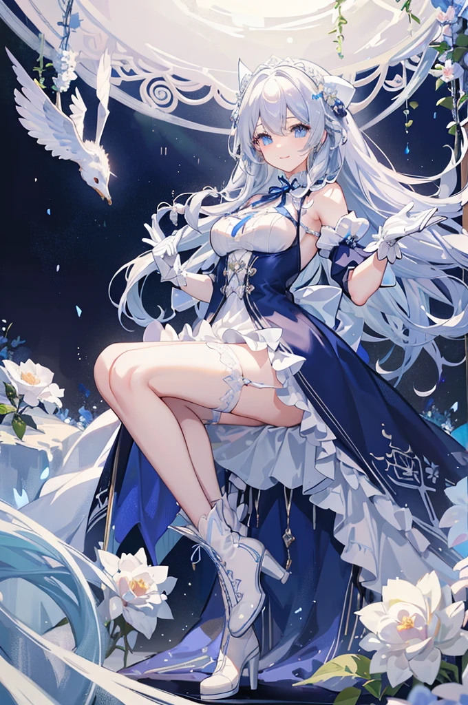 A woman with white hair and blue eyes、adult、Long, fluffy wavy hair、Braiding、Wearing hair ornaments、Smiling、Princess、White gloves、Blue lace dress、ribbon、Decorations such as roses and drops、The dress is short in the front and long in the back、Garter Ring、short boots、Fantasy