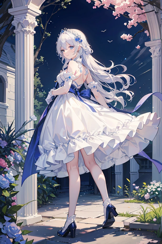 A woman with white hair and blue eyes、adult、Long, fluffy wavy hair、Braiding、Wearing hair ornaments、Smiling、Princess、White gloves、Blue lace dress、ribbon、Decorations such as roses and drops、The dress is short in the front and long in the back、Garter Ring、short boots、Fantasy