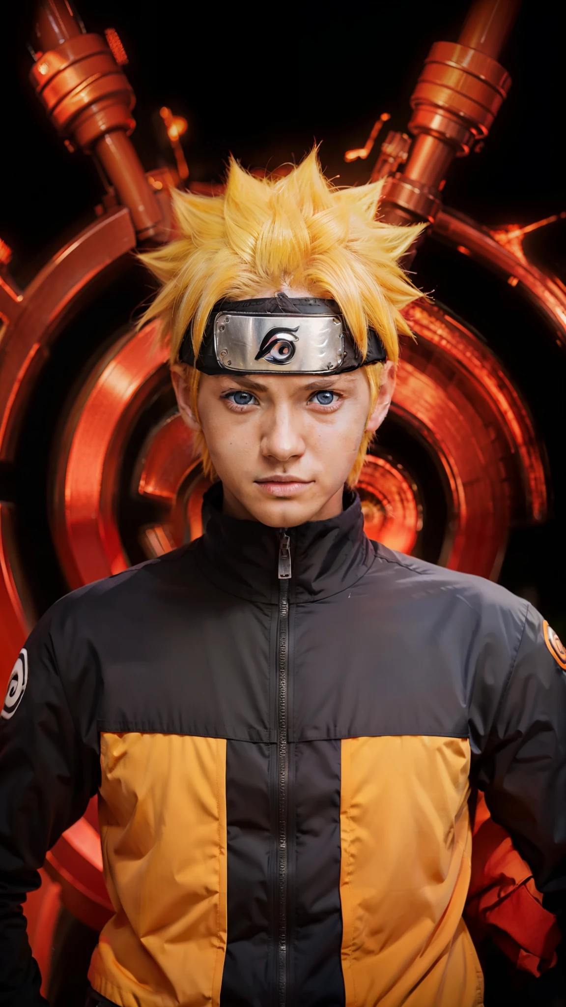 1male, uzumaki naruto in anime naruto, short hair , yellow hair, blue eyes, handsome, orange clothes, realistic clothes, detail clothes, outdoor background, ultra detail, realistic