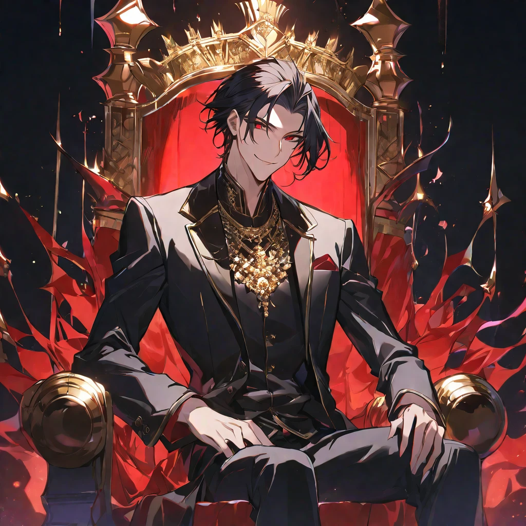 alone,good looking,
1. male,
bangs,Straight hair,Bob Hair,
Black Hair,
Satoru Gojo ,noble,
Red eyes,
beautiful,Sexy,darkness,Gold Necklace,
Black suit ,smile,King,crown,Slender,
Black Background ,High resolution, sit,Darkness,devil,Black light,İcon