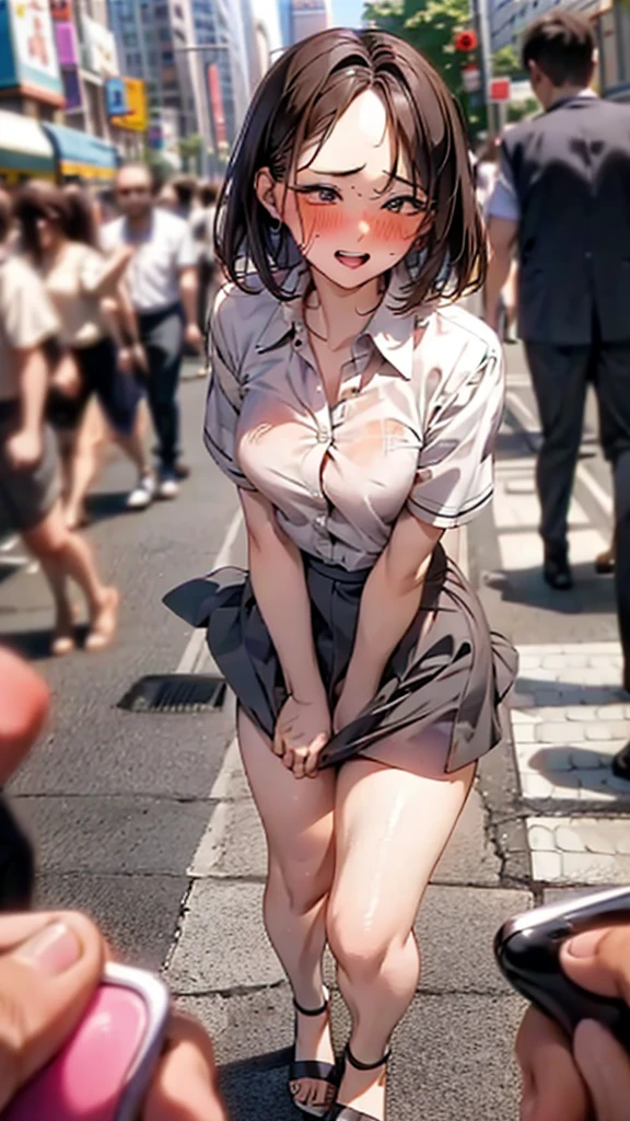 Crowd in the background,masterpiece,Highest quality,High resolution,Anatomically correct,business suit,Short Sleeve Button Down Shirt,Short skirt,Sweat,barefoot,Glowing Skin,Ahegao,Forehead,Short Bob,ID card,vibrator,10cm High Heels