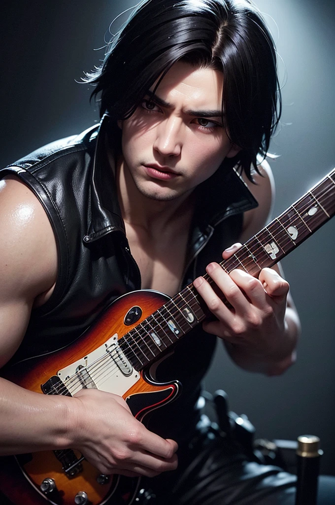 Only a one young man with curly black hair and tanned skin playing a guitar, his muscular body covered in tattoos, dressed in a black trenchcoat, standing in a dimly lit bar, (best quality,4k,8k,highres,masterpiece:1.2),ultra-detailed,(realistic,photorealistic,photo-realistic:1.37),,full body shot, golden earrings, deformed face, chiaroscuro lighting,intricate details,exquisite textures,portraits