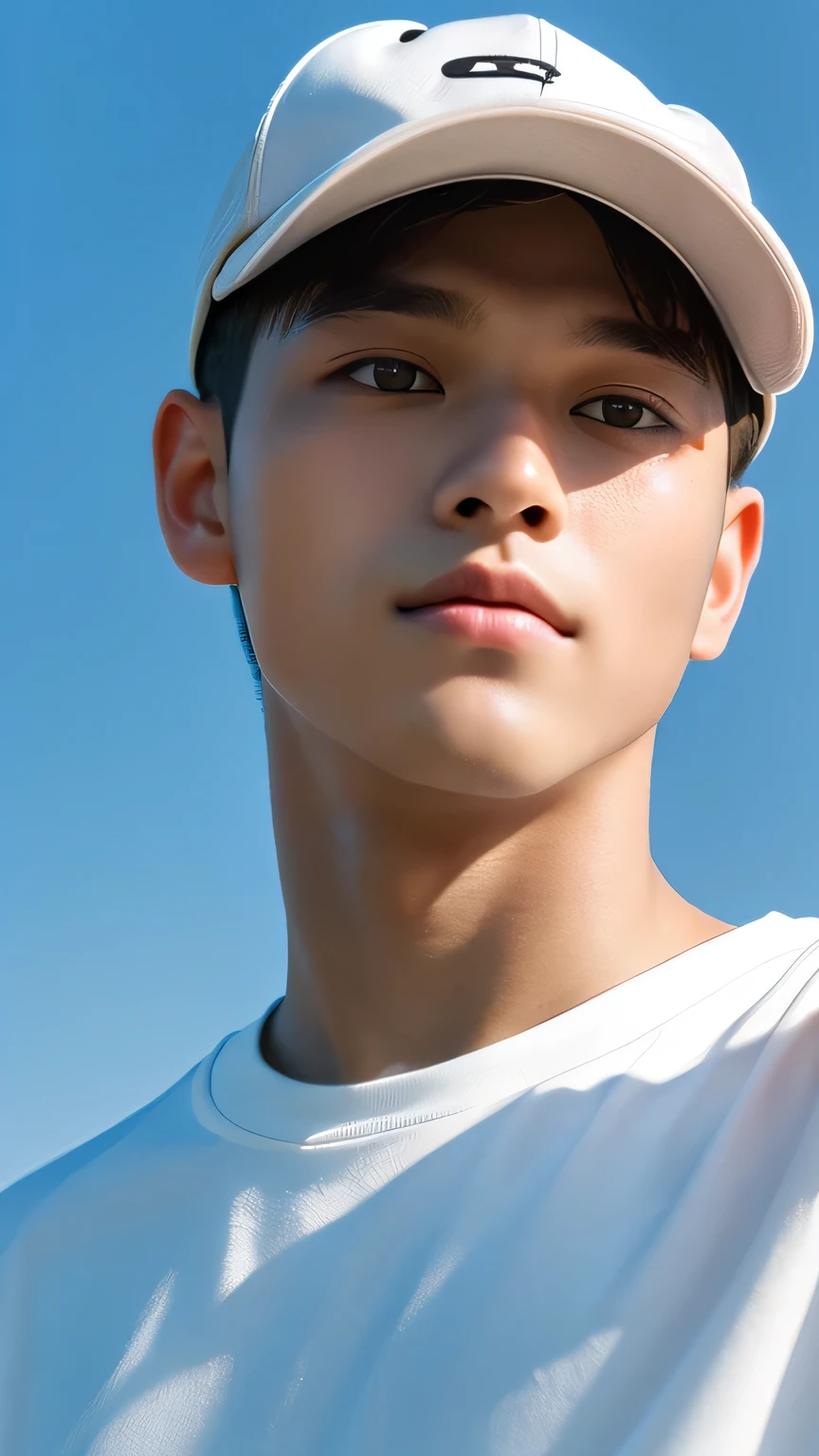 Highest quality, masterpiece, Ultra-high resolution, (Realistic: 1.4), Original photo, wallpaper, Head Photo, skin, Simple Background, Iris, detailed, Selfie, 1 boy, 18-year-old, good looking, Wind,summer、cap