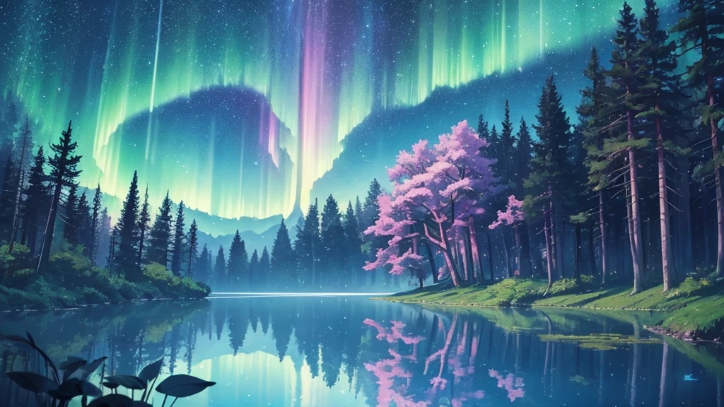 Magic forest in surreal anime style for ambient music cover. Giant trees with twisted trunks and luminescent leaves in pastel tones. A central clearing reveals a crystalline lake reflecting an impossible starry sky, with animated constellations and northern lights. Fantastic creatures like glowing deer and crystal butterflies float across the scene. Smooth and ethereal animation style, reminiscent of the works of Hayao Miyazaki mixed with the surrealism of 'Paprika'. Soft and dreamlike color palette: deep blues, soft greens and delicate pinks. The general atmosphere is serene and mystical. Composition that invites the viewer to immerse themselves in this dream world