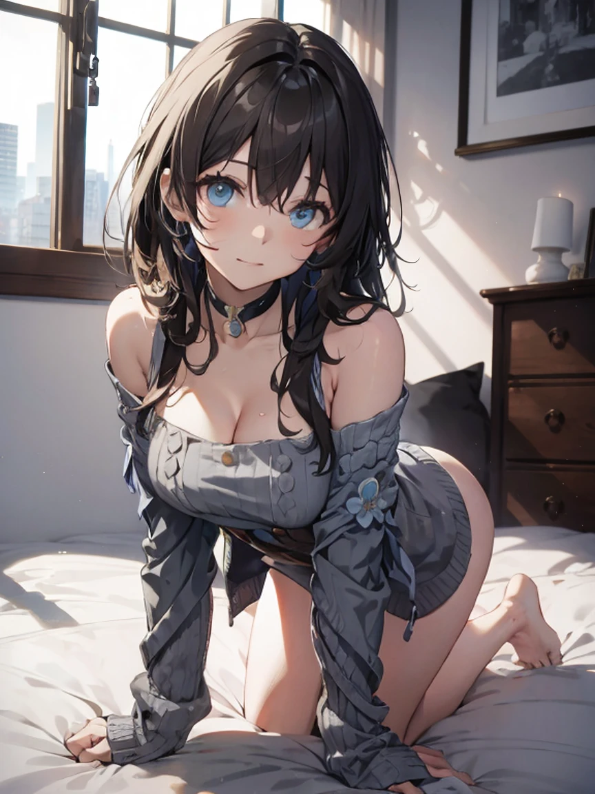 official art, thin skin, detailed face, intricate details, Bedroom with morning sun、Very detailed, shine, whole body, beautiful face、blurred background、beautiful 18 year old girl、(crawling position:1.2)、NSFW.off the shoulder、((grey sweater))、Valley、