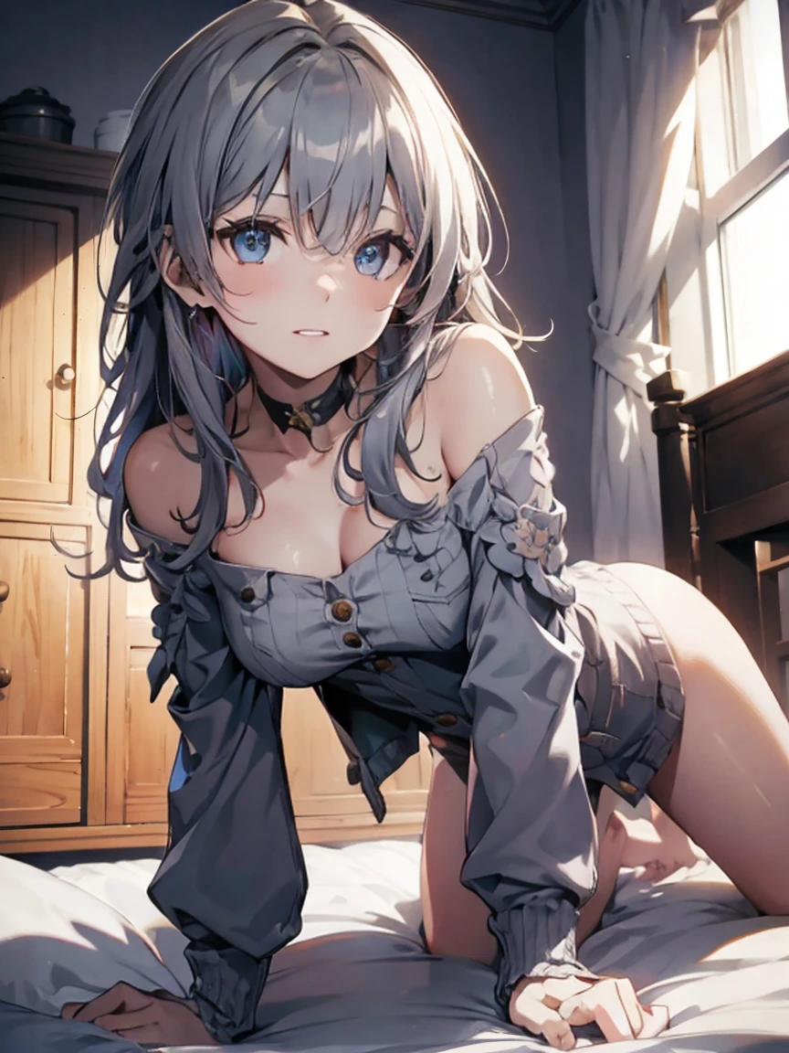 official art, thin skin, detailed face, intricate details, Bedroom with morning sun、Very detailed, shine, whole body, beautiful face、blurred background、beautiful 18 year old girl、(crawling position:1.2)、NSFW.off the shoulder、((grey sweater))、Valley、