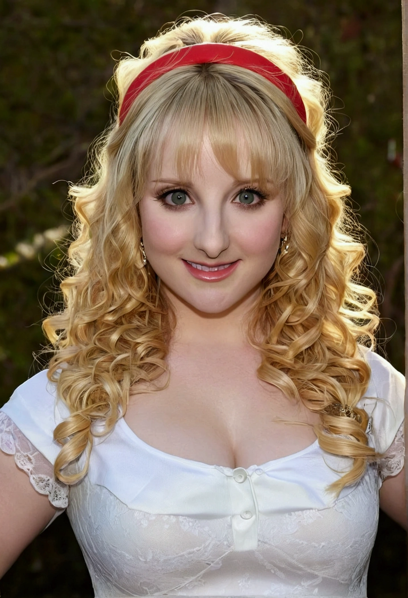 Melissa Rauch, very puffy curly hair, head band, very tiny miniskirt, FULL DETAILED LONG SEHEER PANTYHOSE, high heels, sun shiny day
