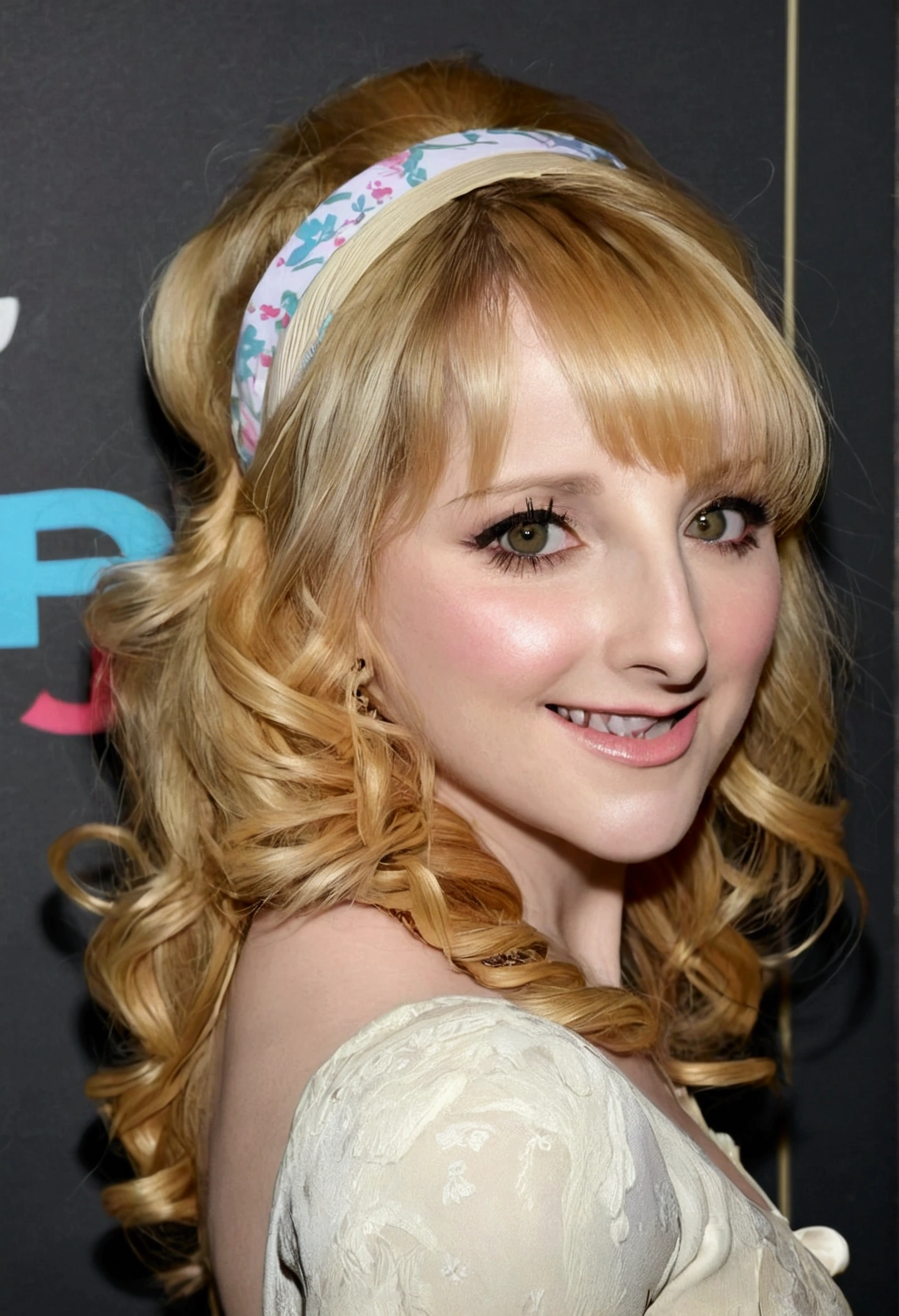 Melissa Rauch, very puffy curly hair, head band, very tiny miniskirt, FULL DETAILED LONG SEHEER PANTYHOSE, high heels, sun shiny day
