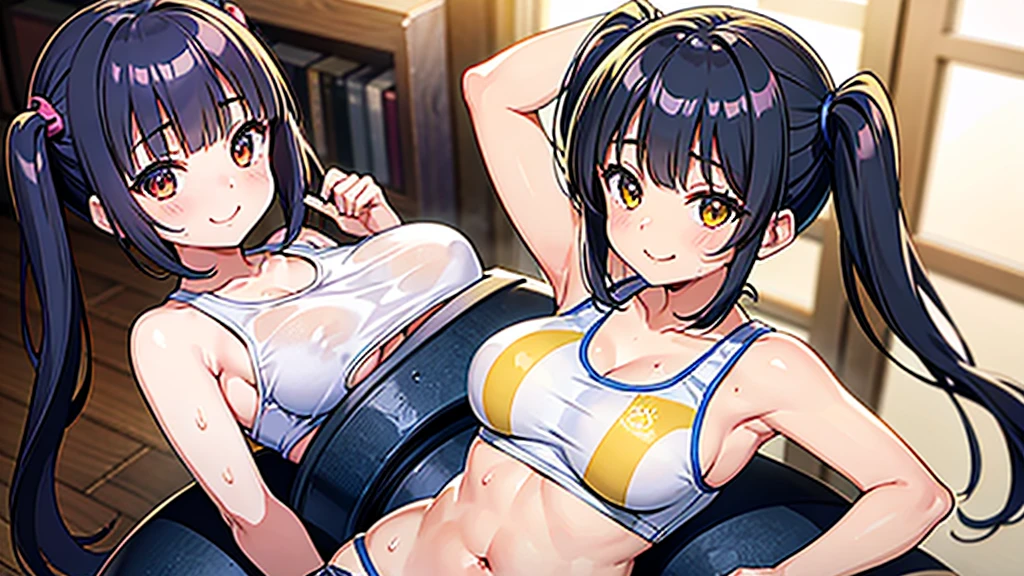 gesugaoをしながらtitfuckをするsasaki kanna, Yellow Tank Top, underboob, Sweat, Black hair twin tails, Guess face, smile, crazy Smile, 勝ち誇ったsmile, Her body is like that of a slender , but her breasts are large., Sasaki Kanna squeezes a viewer&#39;s big dick between her breasts, Dim torture chamber, prison, 狂気じみたsmile, 凄まじいsmile, stick out your tongue and tease, pupils are small, Grab both breasts with both hands