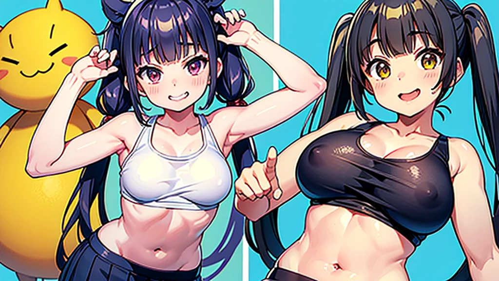 gesugaoをしながらtitfuckをするsasaki kanna, Yellow Tank Top, underboob, Sweat, Black hair twin tails, Guess face, smile, crazy Smile, 勝ち誇ったsmile, Her body is like that of a slender elementary school student, but her breasts are large., Sasaki Kanna squeezes a viewer's big dick between her breasts, Dim torture chamber, prison, 狂気じみたsmile, 凄まじいsmile, stick out your tongue and tease, pupils are small, Grab both breasts with both hands