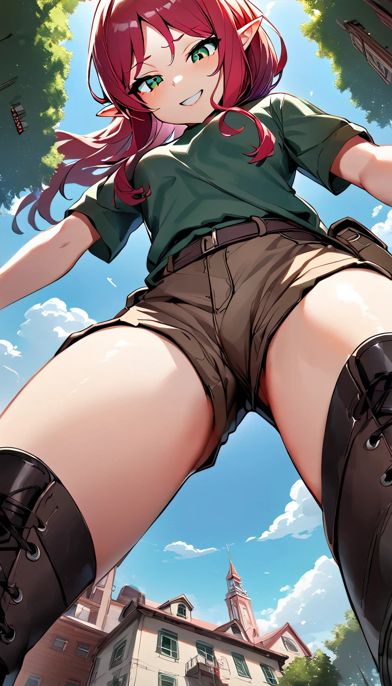 1 female elf with long red hair, emerald green eyes, green top and brown cargo shorts and black Doc Martens, sitting on top of a building,(pov from below:1.3), ass pov, low angle, looking to the down, focus on her ass and her smile, Depth of field, plein-air,( foreshortening:1.2), facial blur, mischievous grin, tiny people running in fear, blurry face, building, citys, sky, nube, giantess, mega size, work of art, best qualityer, absurdly detailed