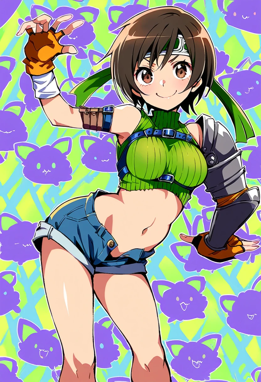 score_9, score_8_up, score_7_up,,BREAK , dynamicangle.,mediumshot,(Standing pose),soro focus,1girl, yuffie kisaragi, final fantasy, short hair,headband,navel,sleeveless,turtleneck,brown eyes,sleeveless turtleneck,solo,breasts,looking at viewer,smile,gloves,crop top,brown hair,shorts,midriff,,sweater,open fly,armor,fingerless gloves,ribbed sweater,medium breasts,,smile,smug,best quality,aesthetic,very aesthetic,masterpiece,high-resolution,  (Proportion).