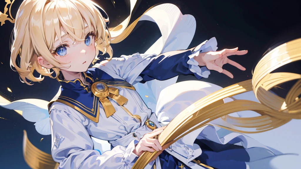 (Highest quality) (4K) (8k) (High resolution) (masterpiece:1.2) (Super detailed) One boy short hair Wizard Blue Eyes Long sleeve Golden decoration Hair between the eyes White Dress Wavy golden hair Upper Body crown (White Background) cute Young Serious