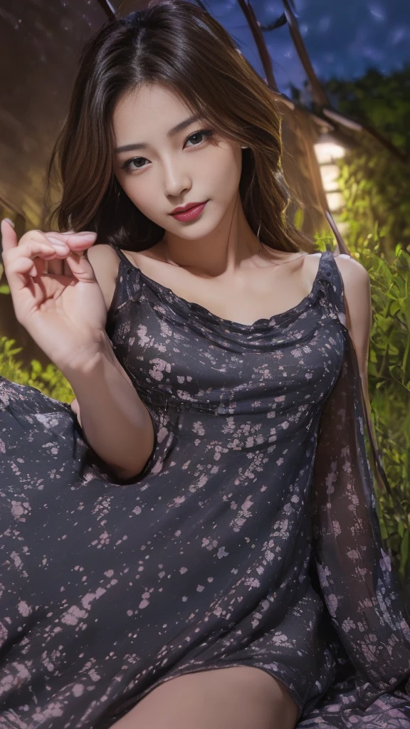 ((((masterpiece、Highest quality、High resolution、Tabletop、wallpaper、Realistic、Bright lighting、Professional Lighting、Face Light、Smooth lighting、Japanese women、Beautiful woman、action、gravure、sexly、so beautiful、Beautiful Skin、Beautiful and exquisite、Detailed face、slim、Looking into the camera))))、((Big Breasts:1.4))、((((japanese,20-years-old,One woman,outdoors,Looking into the camera,night dress:1.5)))),smile,close mouth,Five perfect, beautiful fingers on each side、細い指