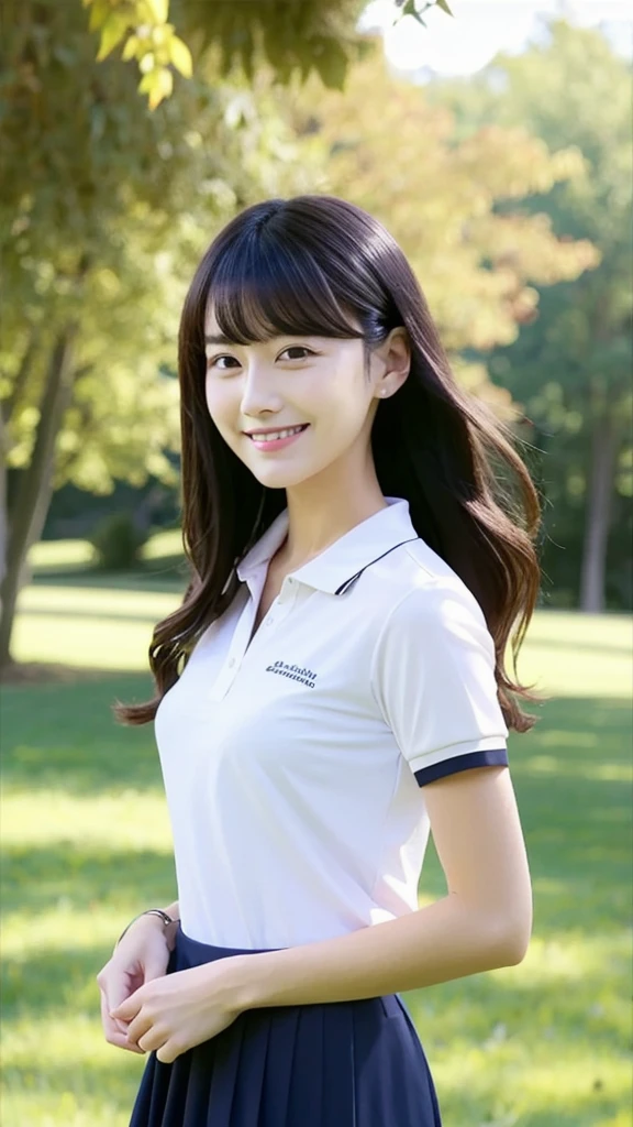 ((best quality)), ((masterpiece)), (details), one girl, sexy ((best quality)), ((masterpiece)), (details), one girl, sexy ((best quality)), ((masterpiece)), (details), one girl, full body, sexy expensive body, expensive, long legs, mature woman, mature, adult, it_nagatoro_main, Hayase Nagatoro, one girl, blushing, alone, uniform polo shirt, short sleeves, black hair,brown eyes, hair accessory, looking at viewer, hair clip, smiling, long hair, dark skinned woman, dark skin, , bangs, daytime, skirt, collared shirt, collarbone, ear clip, mouth closed, tree, asymmetrical bangs, upper body