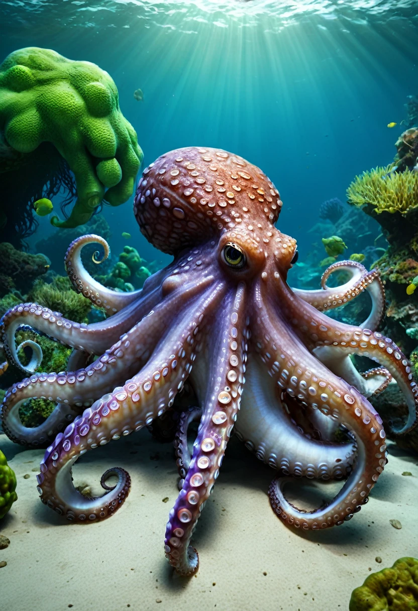 create image real Octopus with Hulk skin theme, under the sea, realism, photorealistic, detailed visuals