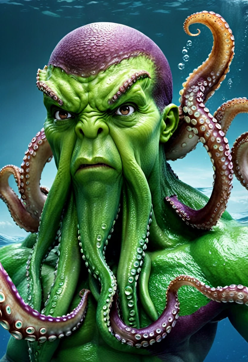 create image real Octopus with Hulk skin theme, under the sea, realism, photorealistic, detailed visuals