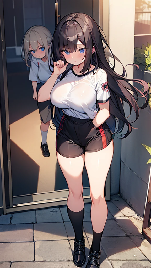 Full body image, front, One girl, 18-year-old, Mix 4, (32K, RAW Photos, Highest quality, masterpiece:1.2), (Anime-like, photoAnime-like:1.37), cute, Short sleeve T-shirt,Shorts,Black knee socks, night, rain, Humidity, Professional Lighting, Photon Mapping, Radio City, Physically Based Rendering, Super Resolution, (Big Breasts:1.2), {{The biological weapon that had preyed on the younger sister took her place and reunited with the older brother, The rebellious little sister has become the obedient little sister}}, Girl Skull, whole body, NSFW
