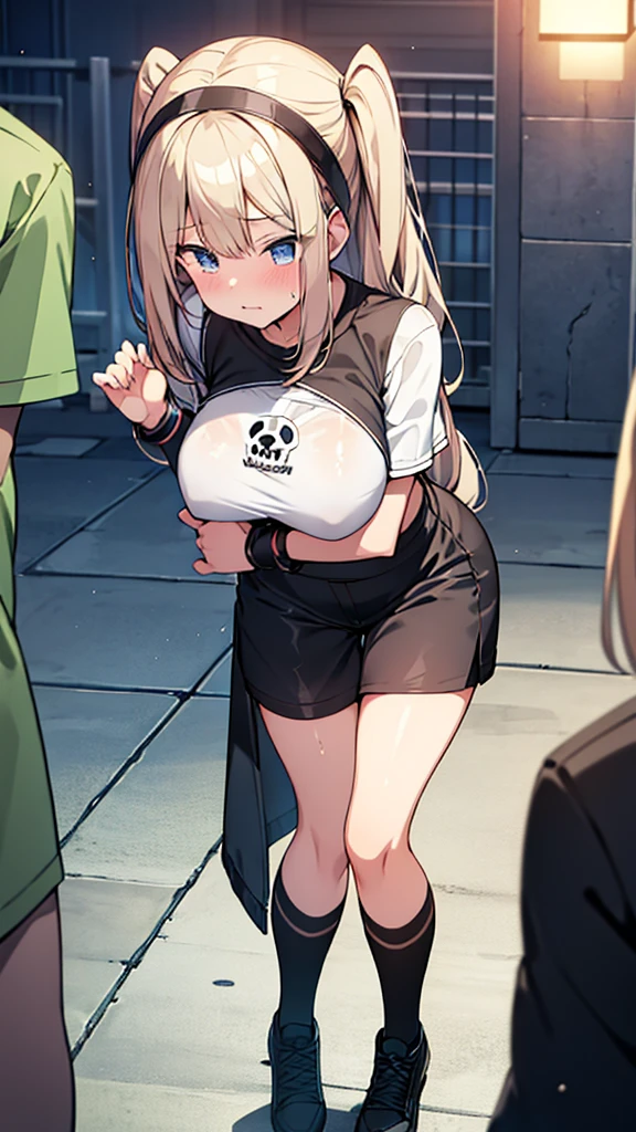 Full body image, front, One girl, 18-year-old, Mix 4, (32K, RAW Photos, Highest quality, masterpiece:1.2), (Anime-like, photoAnime-like:1.37), cute, Short sleeve T-shirt,Shorts,Black knee socks, night, rain, Humidity, Professional Lighting, Photon Mapping, Radio City, Physically Based Rendering, Super Resolution, (Big Breasts:1.2), {{The biological weapon that had preyed on the younger sister took her place and reunited with the older brother, The rebellious little sister has become the obedient little sister}}, Girl Skull, whole body, NSFW