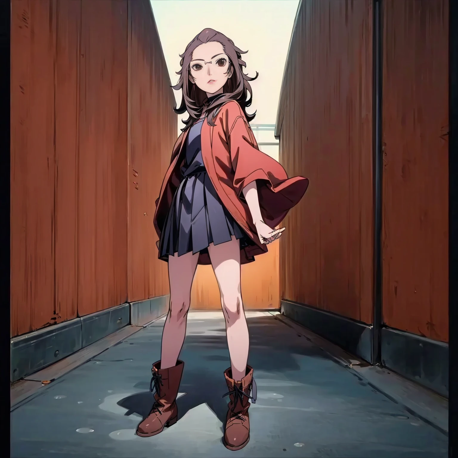 1childern girl, Full body version, 1character, tan skin, Red eyes, long haircut, black color hair, student style clothing, red colour clothing, glasses, boots, Grassroots, background street city, motion blur, (detective conan style art), standing gesture