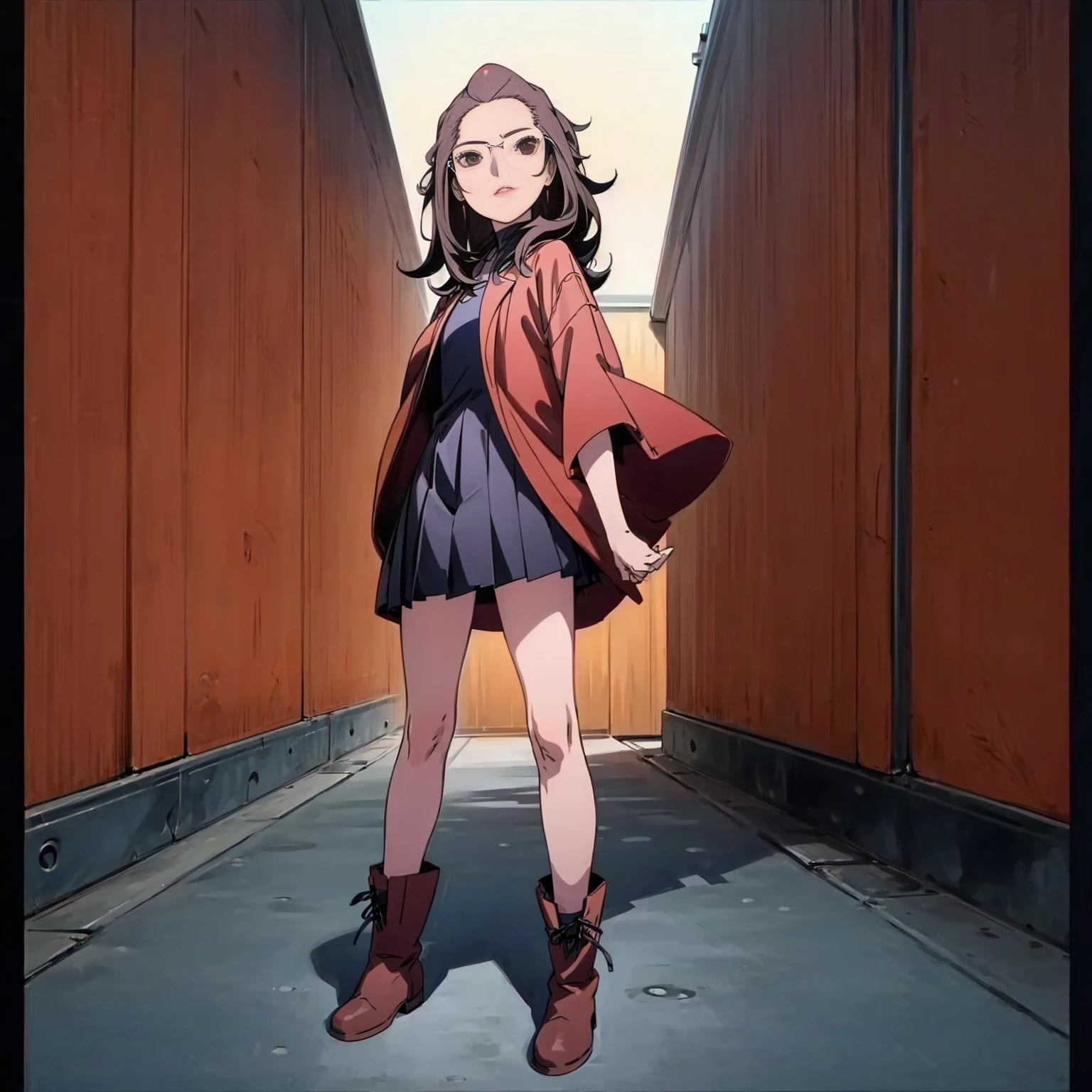 1childern girl, Full body version, 1character, tan skin, Red eyes, long haircut, black color hair, student style clothing, red colour clothing, glasses, boots, Grassroots, background street city, motion blur, (detective conan style art), standing gesture