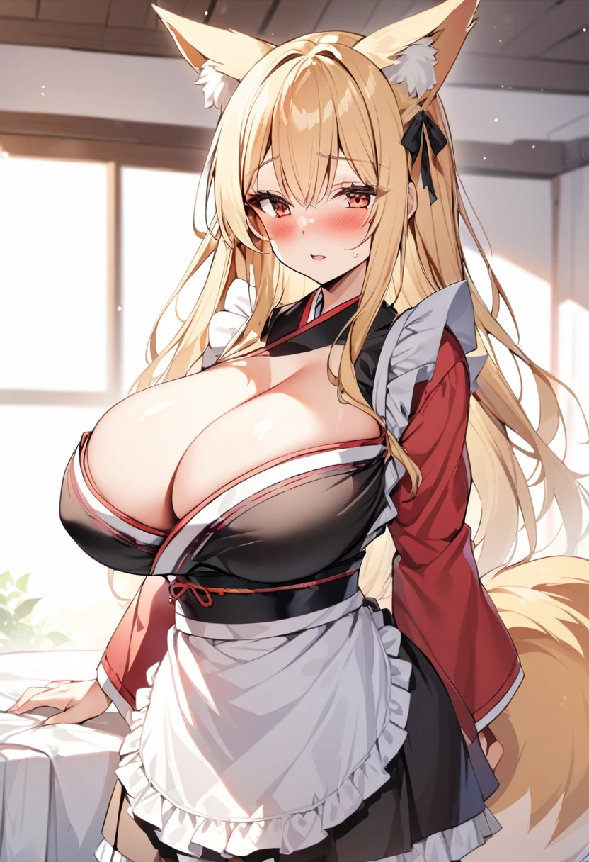 One girl, correct, Animal ears, Blonde, Fox Ears, Huge breasts, Long Hair, blush, alone, Cleavage, kimono, Maid&#39;s Headdress, Yellow Eyes, White Background, Hair between the eyes,Mature Woman,[[[Realistic]]],Lips parted,Shiny,Shiny skin,fox-hirume,An unparalleled masterpiece,Intricate details, One girl,fox-hirume,Fox Girl,Fox Ears,Blonde,narrow,correct,kimono,kimono,Shrine maiden,Ofuda, Huge breasts,Mature Woman,Multiple tails,Yellow Eyes, night