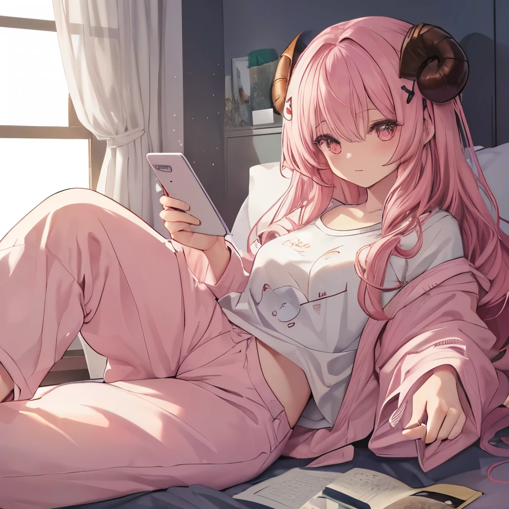 An anime-style illustration of ‘Fua-chan’ lounging around on a day off. Fua-chan has distinctive features: long pink hair styled in soft curls resembling sheep’s horns, and pink eyes. She is depicted wearing comfortable, casual clothing, such as a loose t-shirt and shorts or pajamas. She is lounging on a sofa or bed, surrounded by cozy blankets and pillows, with a relaxed and lazy expression. She might have a book, smartphone, or TV remote in hand, and snacks nearby. The background shows a cozy, well-lit room with soft furnishings, creating a warm and inviting atmosphere perfect for a lazy day off. long pants