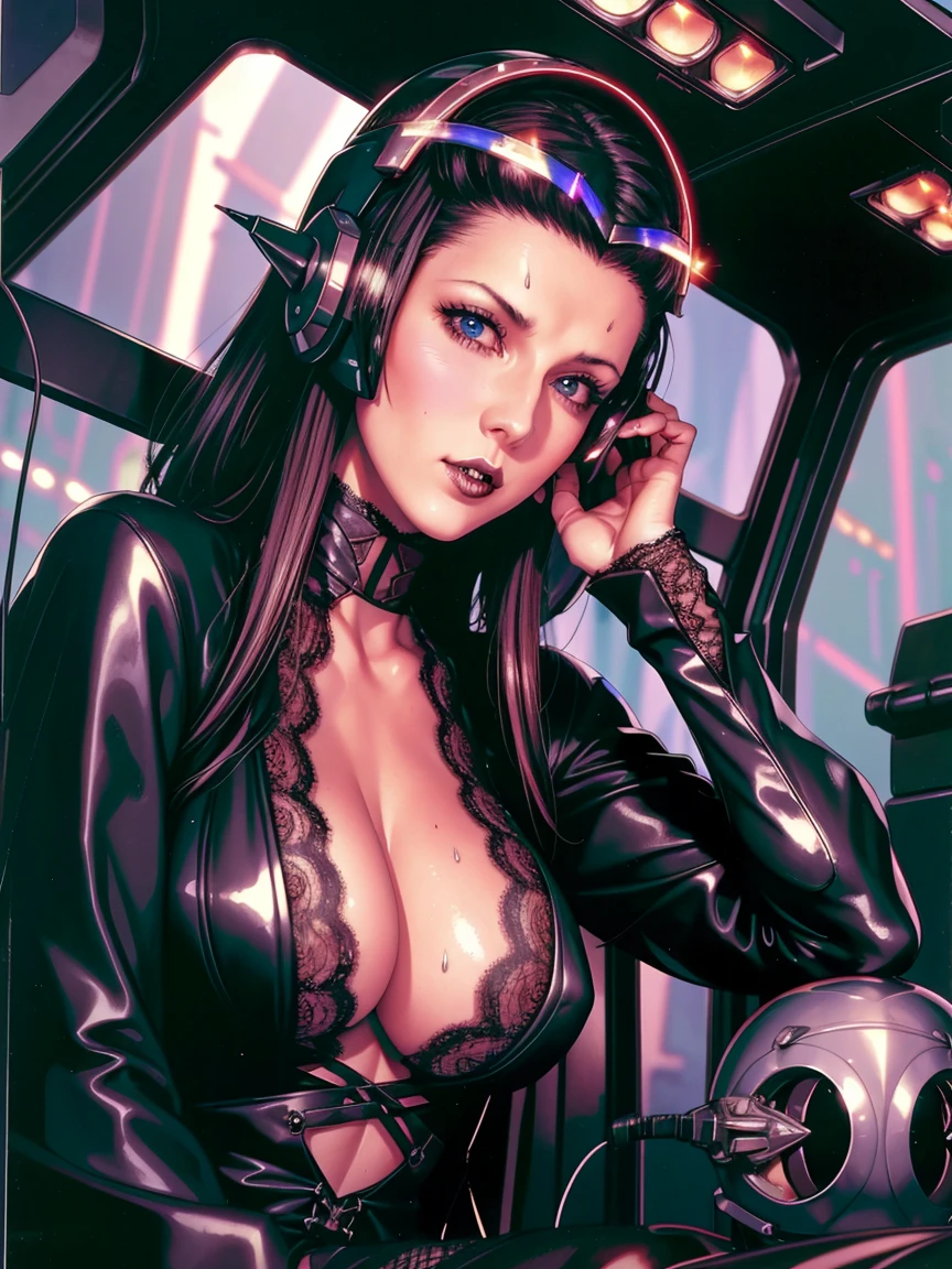 (((gothic vampire piloting) in gothic spacecraft)), (((retro anime))), ((from below)), ((120 fov)), ((((gothic)) control panels)), (((mature))), (((gothic))), (iridescent) bodysuit, ((((lace accessories)))), ((pilot seat)), ((((lying back)) pose)), (((elegant))), (((serious tone))), ((cockpit top control panel)), intricate control panel details, close-up, 1990s (style), masterpiece, ((claustrophobic)), best quality, screens, ((pilot helmet)), night, ((low key light)), (colorful cockpit lights), sparkles, (dramatic lighting), sweat, [blushing], [[pointy ears]], dark background