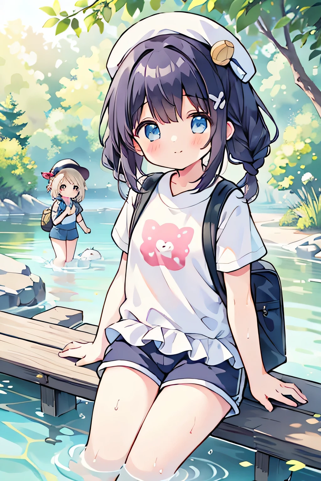 Highest quality、High resolution、Detailed Background、(Beautiful face in every detail:1.4)、Anatomically correct、Normal number of fingers、Detailed facial expressions、(Detailed eyes:1.2)、age beauty、Light color hair、Braided Ponytail、Braided bob cut、Braided twin tails、cute gesture、Innocent joy、A sense of freedom in nature、A cool day swimming in the river、
(Two girls enjoying a cool dip in the river:1.5)、
In the blazing summer sun、I can hear the river babbling、We all run out、
Walking along the river、Eventually you'll reach the water's edge、Playing in the water under the speech bubble、Excited voices echo throughout the room.、
Taking off your shoes and soaking your feet in the water brings a smile to your face.、Enjoy the pleasant time as you touch the cold water、
Children gather stones, throw them into the water, and cheer as they splash about.、It's cute to see them having so much fun riding on a swim ring and feeling the current.、
Eating lunch in the shade of the trees helps to ease fatigue.、Enjoy the pleasant breeze and nature that will leave you with fond memories.、Smiles on everyone's faces、It was a day of swimming in the river that satisfied both body and mind.、
Rash guard、Shorts、sandals、I call chap、Short sleeve T-shirt、Shorts、sneakers、backsack、cute