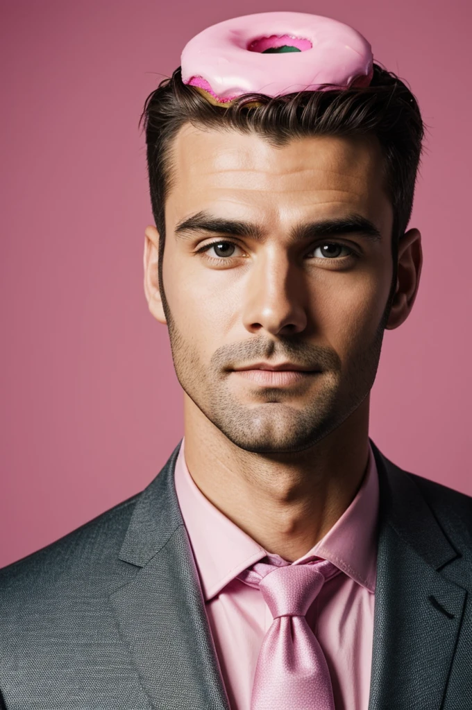 Man in a suit with a pink donut as a head