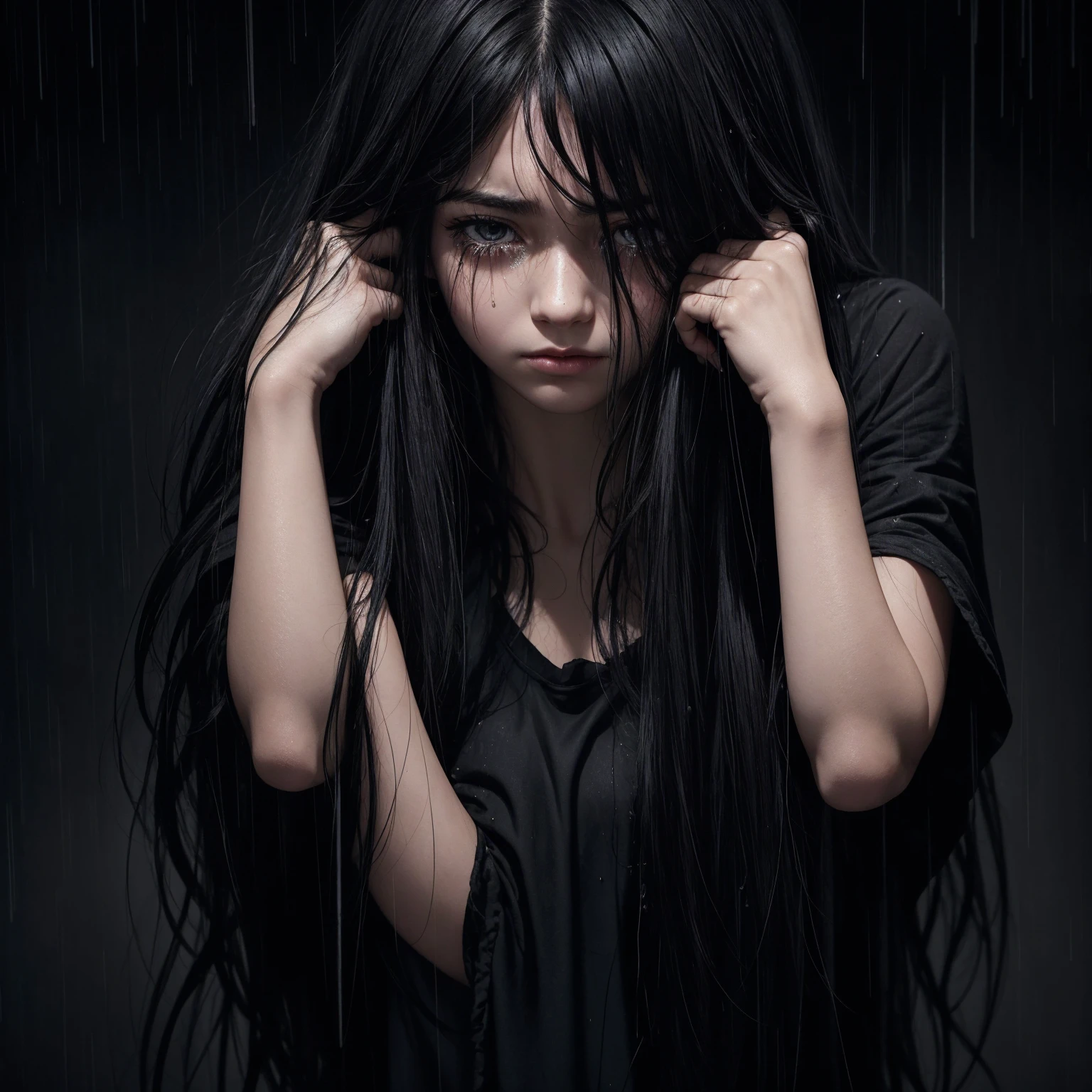 despair, girl, tears, arms covering face, black hair, long hair, messy hair, runny makeup, black background, rain, portrait, depression, crying