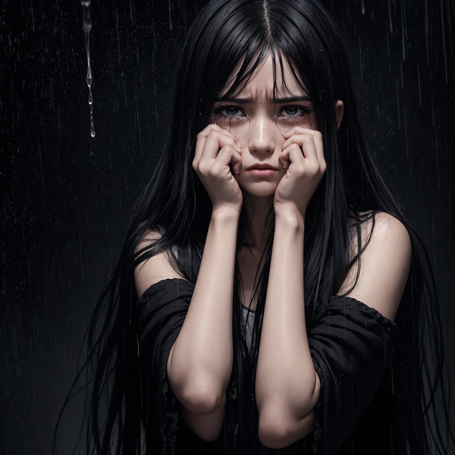despair, girl, tears, arms covering face, black hair, long hair, messy hair, runny makeup, black background, rain, portrait, depression, crying