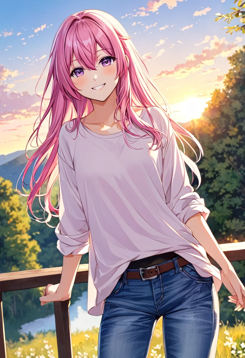 Megurine Luka smile casual clothes jeans pants colored morning peace upper body