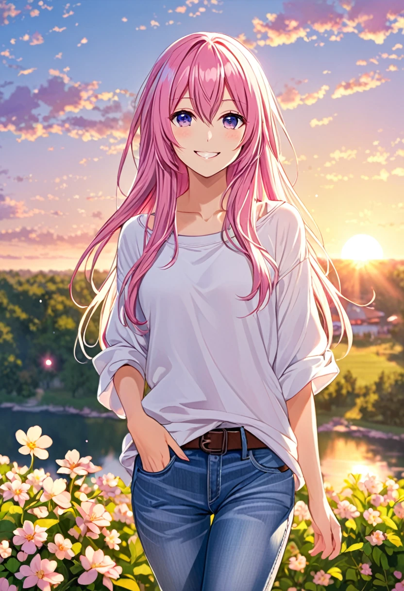 Megurine Luka smile casual clothes jeans pants colored morning peace upper body