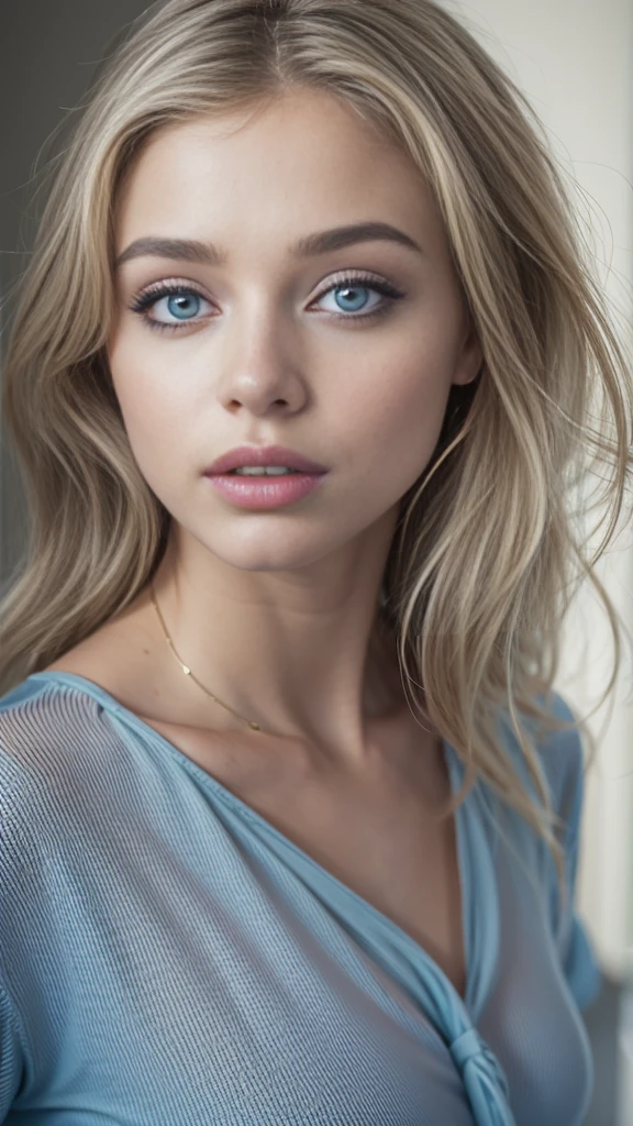 full body view of a nude gorgeous European woman, Age 23, small bust, Sexy blue-eyed girl, Ultra photo realism, detailed meticulous, portrait sophie mudd, blonde hair and large eyes, bedroom eyes, Violet Myers, Natural makeup, look straight at the camera, Stunning full body shot,