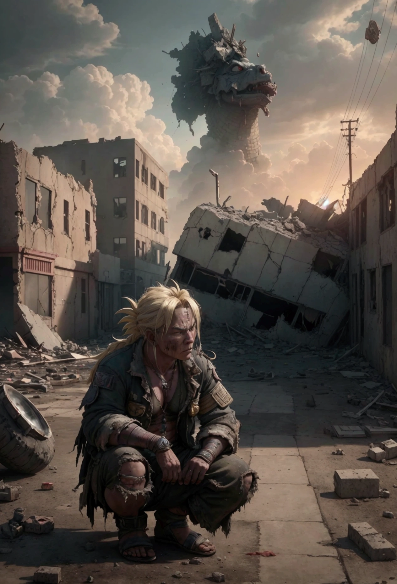 (Best quality at best,4K,8k,A high resolution,tmasterpiece:1.2),ultra - detailed,(current,realisticlying,Photorealistic:1.37),goki, dragon ball, super seiya 3, diamonds, urs, Crumbling town, Destroyed buildings, greybackground, large army, Detailed face, There are injuries on the face,Shoot from below, worn-out clothing, determined expression, rubble, smokes, Abandoned streets, desolated, post apocalyptic atmosphere, ruins, relics of the past, Bittersweet memories, overcast day, dramatic lights, cinematic compositions