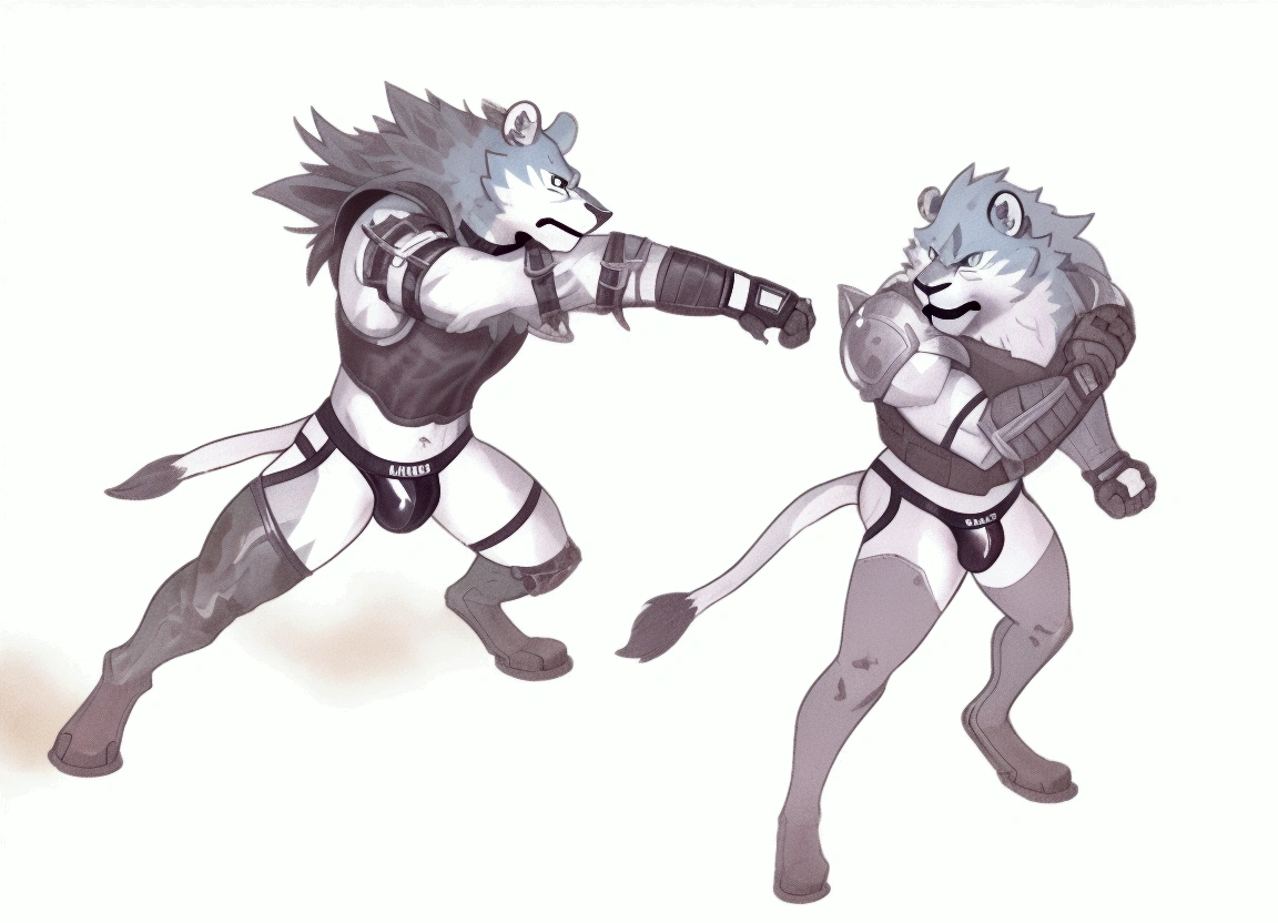 Solo Sexy young anthro furry lion male mercenary medieval soliders, slim slim muscular, anthro handsome gay shorter muzzle, handsome gay model male apperance, sword scars, worn out leather skimpy armament, low on hips heavy leather belt, old very worn out skimpy dirty linen material jockstrap, old yellow dirty worn out stains on white sawn jockstrap, very visible "x" brown seam pattern on the jockstrap, studded skimpy armlets breastplate armor, skimpy breastplate, leather bondages, fingerless leather gloves, smelly unwashed husk, dirty body look, desert battlefield, standing in sexy fighting position, close view of full character, blooded husk, blooded sword