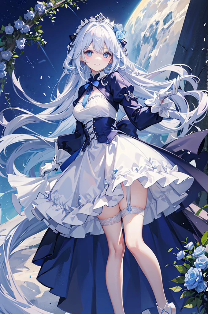 A woman with white hair and blue eyes、adult、Long, fluffy wavy hair、Braiding、Wearing hair ornaments、Smiling、Princess、White gloves、Blue lace dress、ribbon、Decorations such as roses and drops、The dress is short in the front and long in the back、Garter Ring、short boots、Fantasy