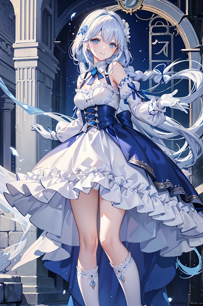 A woman with white hair and blue eyes、adult、Long, fluffy wavy hair、Braiding、Wearing hair ornaments、Smiling、Princess、White gloves、Blue lace dress、ribbon、Decorations such as roses and drops、The dress is short in the front and long in the back、Garter Ring、short boots、Fantasy