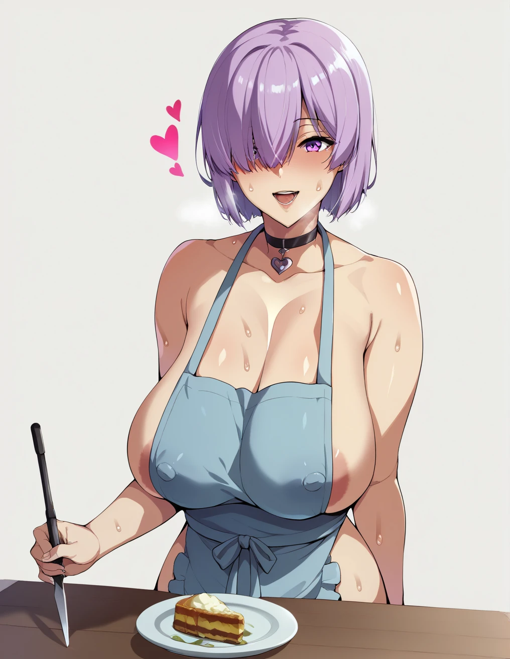 Ultra-detailed illustrations、Ultra-precise expression、masterpiece、Highest quality、ultra High resolution、High resolution、Hiromitsu Takeda Style、White background、Simple Background、One girl、solo、Mash Kyrielight、light purple hair,short hair,hair over one eyes、Naked Apron、Vulgar expression、smile、Open your mouth、Large Breasts、Big Breasts、Choker of Hearts、White Breath、Sweat、Glowing Skin、shiny skin、Front angle、View your viewers、Hold a plate、