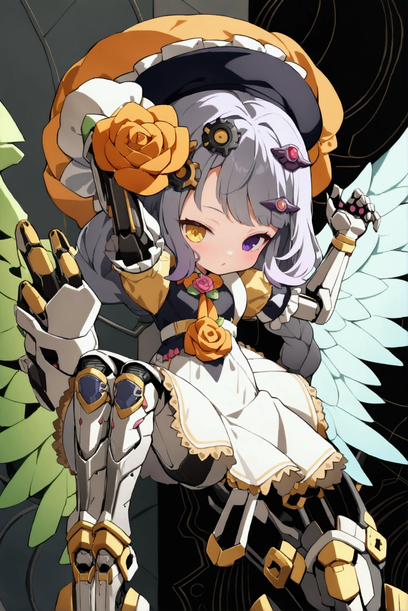 woman 165cm tall, slim build, , charming look, ((heterocromia: look like, derecho naranja y look like izquierdo violeta)), (Shoulder Length Wavy Gray Hair, a short braid on the left side of the hair, big open bangs, golden gear hairpin in hair), (((complex mechanical legs up to the hip, The legs are black with gray parts with small pink details))), (((complex mechanical arms up to the elbows, The arms are black with gray parts with small pink details))), (complex white mechanical angel wings with pastel green parts), (elegant black French beret with an orange rose ribbon), (elegant thigh-length one-piece dress, short bell skirt with small gear ribbons, short sleeves, elegant black hip belt with orange parts, small rose brooch in the middle of the bust, beautiful mechanical stiletto heels), (((character design sheet: Front view))), ((Whole body)), extremely detailed beautiful hair, beautiful detailed dress, extremely detailed arms, extremely detailed face, (Extremely detailed hands), perfect hands, small face, hermosos look likes detallados, beautiful detailed lips, adorable, extremely detailed legs, (Best Quality, 8k, Ultra resolution), ultra detailed, Exquisite and epic character art, ((Pastel yellow background)), (Focus on symmetry), (extremely detailed wings).