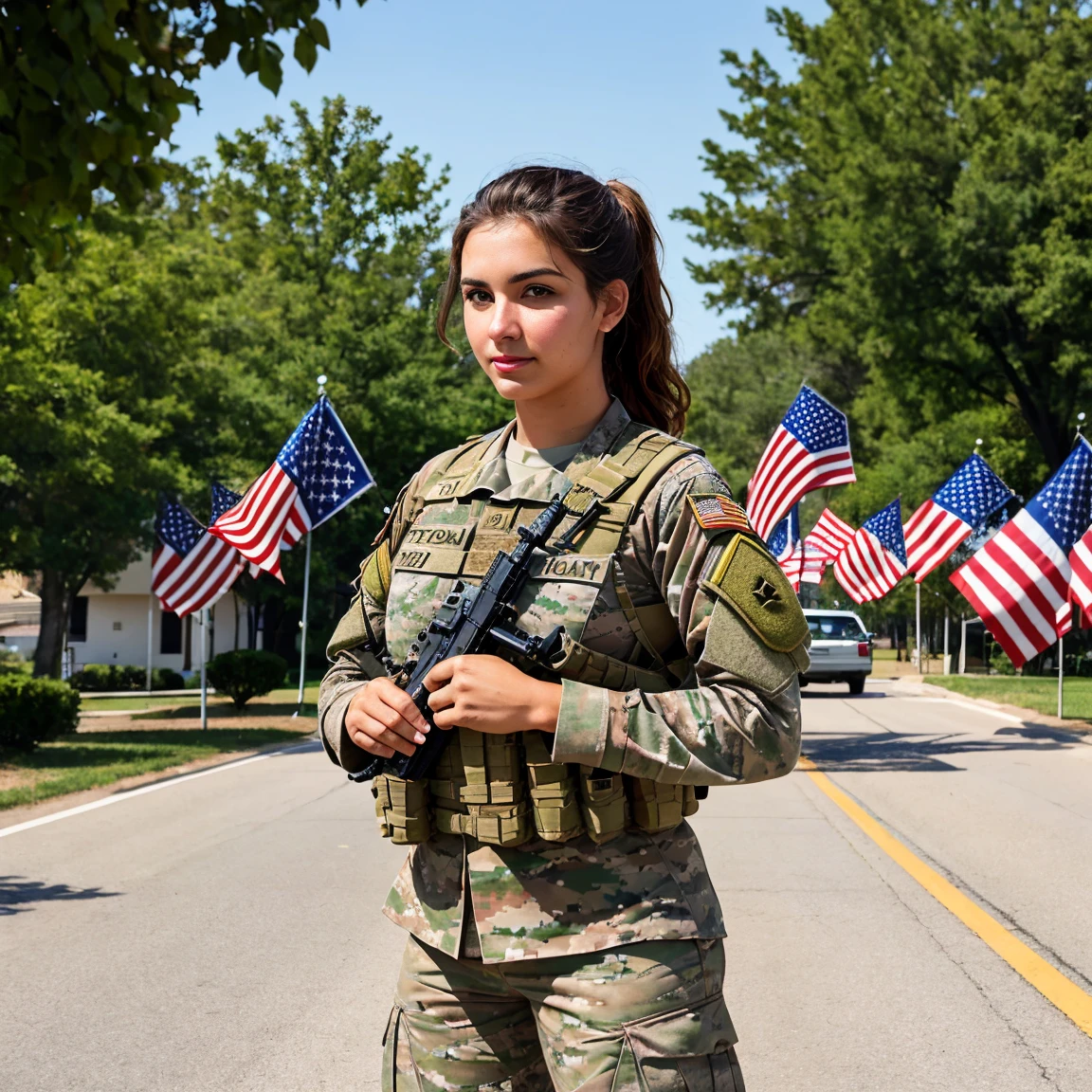Beautiful united states female soldier standing at army compound with flags and army soldiers