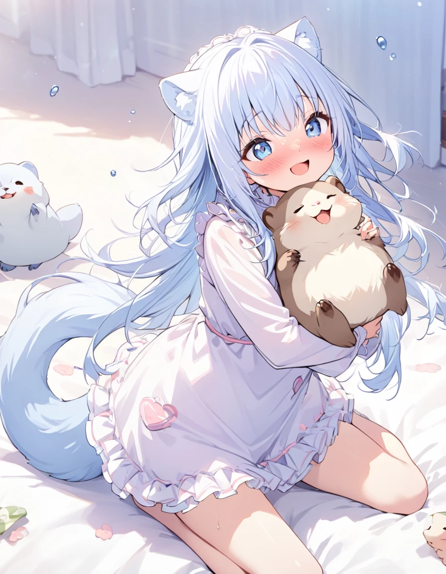 masterpiece, best quality, extremely detailed, (illustration, official art:1.1), 1 girl ,(((( light blue long hair)))), ,(((( light blue long hair)))),light blue hair, , long hair ((blush)) , cute face, big eyes, masterpiece, best quality,(((((a very delicate and beautiful girl))))),Amazing,beautiful detailed eyes,blunt bangs((((little delicate girl)))),tareme(true beautiful:1.2), sense of depth,dynamic angle,,,, affectionate smile, (true beautiful:1.2),,(tiny 1girl model:1.2),)(flat chest) ,Small, fluffy otters, Perfect for a comfortable cuddle. Its fur is soft，pale brown, There are white spots that resemble raindrops,. His eyes are big，Very expressive, Bright brown，Exudes curiosity and joy. Tito's ears are medium in size、Stand up straight when excited. His nose was dark and wet, His tongue always seems lovingly ready to lick. Their legs are small but agile, Great for running and playing. Tito's tail was short, Shake passionately when you're happy, Looks like a joyous little flag.A small, fluffy otter and girl.