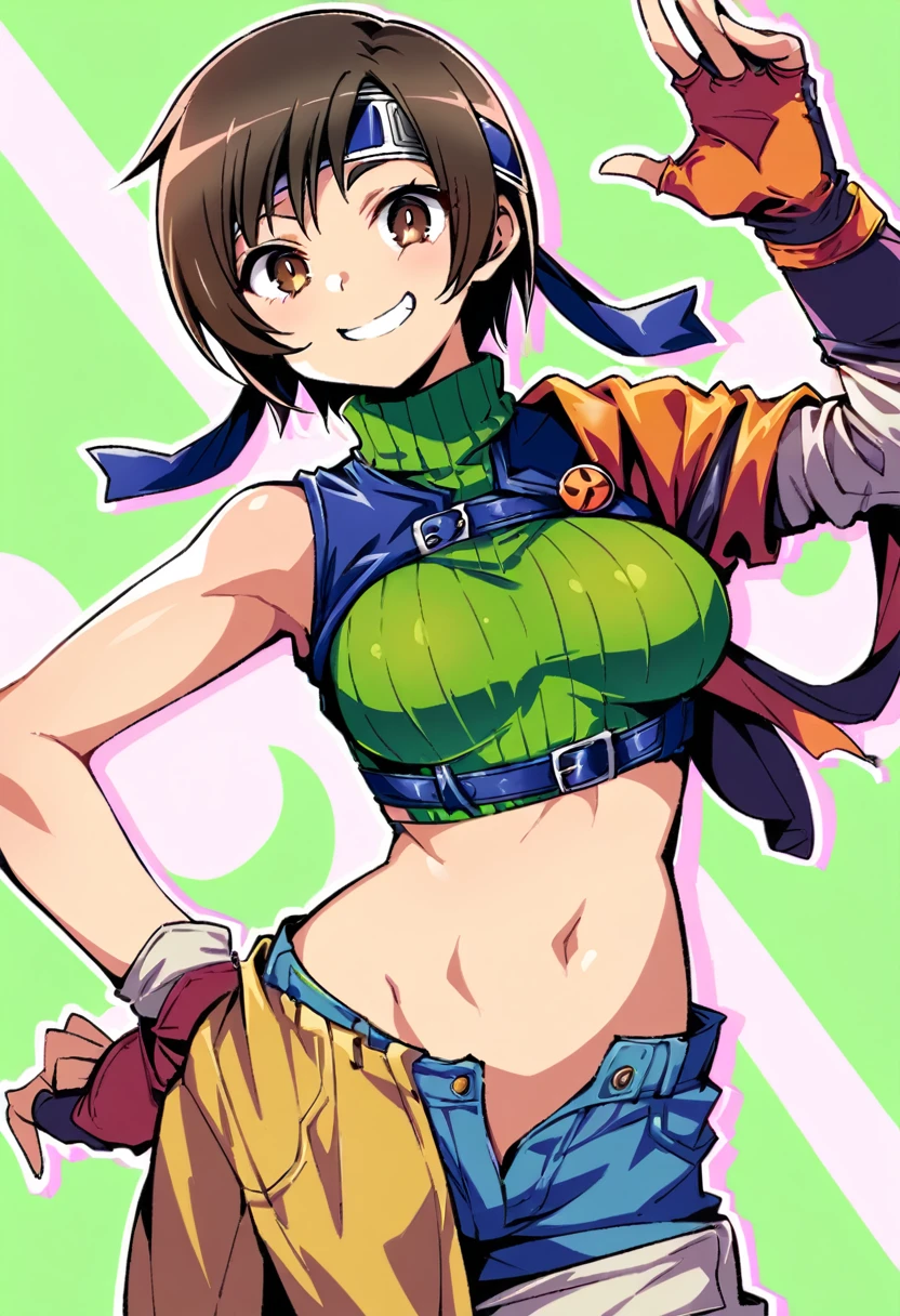 score_9, score_8_up, score_7_up,,BREAK , dynamicangle.,mediumshot,(Standing pose),soro focus,1girl, yuffie kisaragi, final fantasy, short hair,headband,navel,sleeveless,turtleneck,brown eyes,sleeveless turtleneck,solo,breasts,looking at viewer,smile,gloves,crop top,brown hair,shorts,midriff,,sweater,open fly,armor,fingerless gloves,ribbed sweater,medium breasts,,smile,smug,best quality,aesthetic,very aesthetic,masterpiece,high-resolution,  (Proportion).